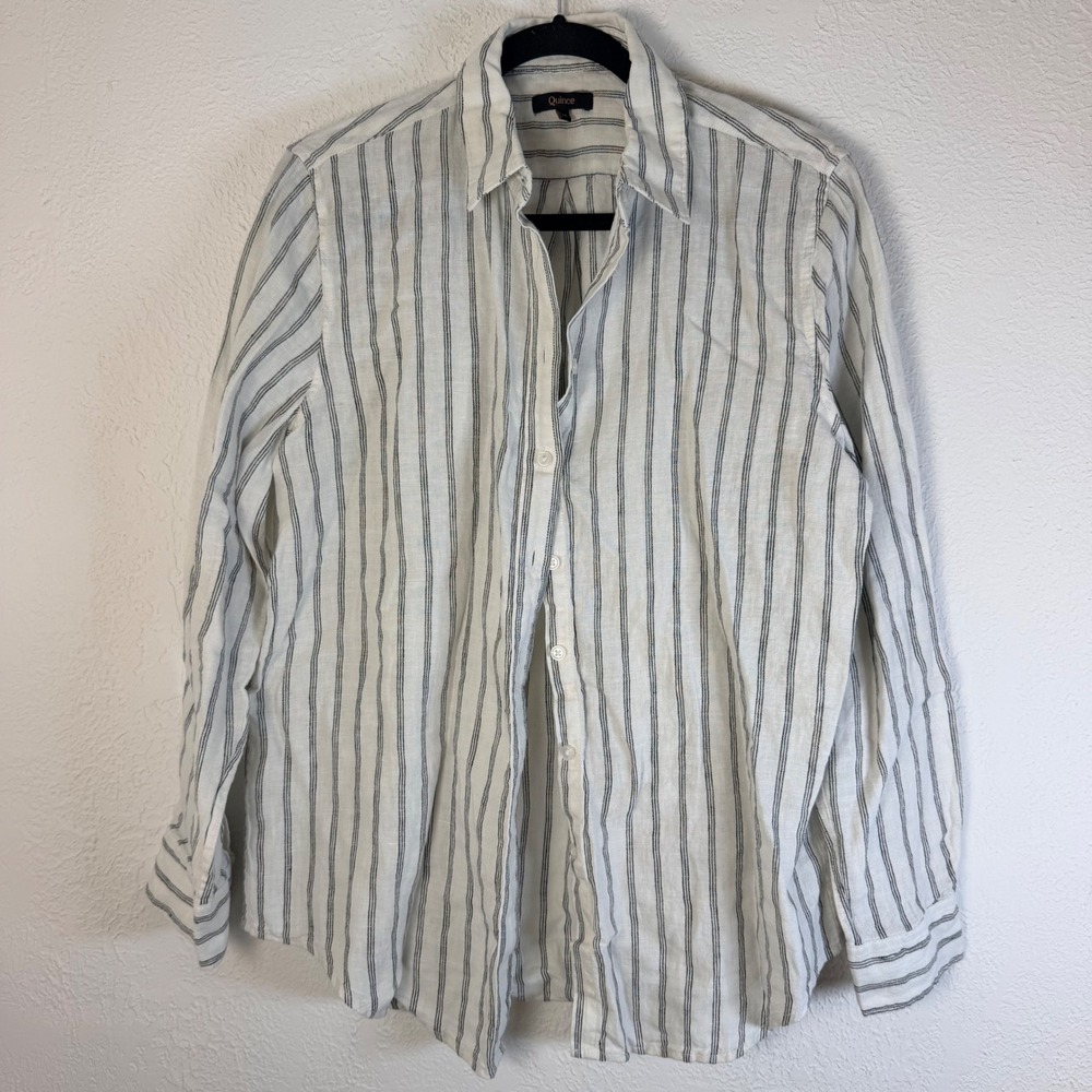 Quince Women's M 100% European Linen Striped Button Down Shirt Navy White